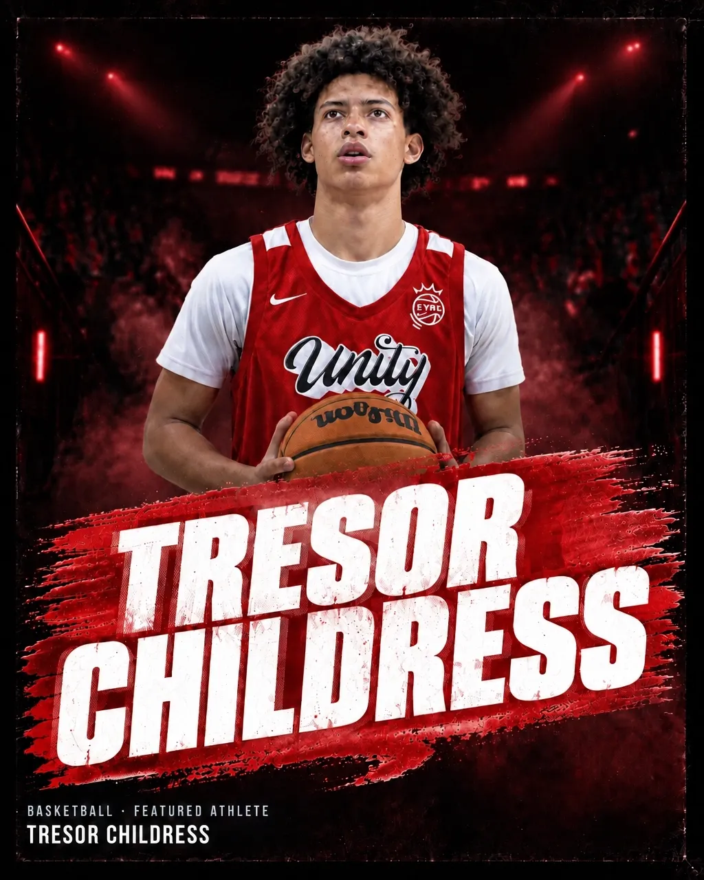 Tresor Childress standing with a basketball in a red Unity jersey